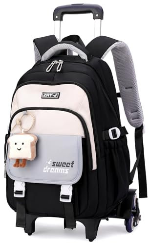 Amythe Schulrucksack Trolley für Mädchen, Teenager Rucksack Schule mit Rollen, Abnehmbar Trolley Schulranzen für Grund- und Sekundarschüler, Daypack für Reise mit 6 Räder,36L -Schwarz
