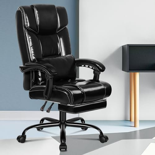 ELFORDSON Executive Office Chair with Lumbar Support, Ergonomic Desk Chairs with Footrest Armrests, Computer Gaming Chair for Home Office, Height Adjustable Reclining Swivel, PU Leather, Glossy Black