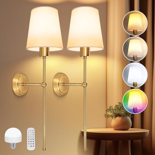 Ketom 2 Stück LED Wandleuchte Innen Akku Gold, E27 Batteriebetriebene Wandlampe, Dimmbare Wandleuchte mit Fernbedienung, Wandleuchten Vintage mit Weißem Stoffschirm, für Schlafzimmer Wohnzimmer Flur