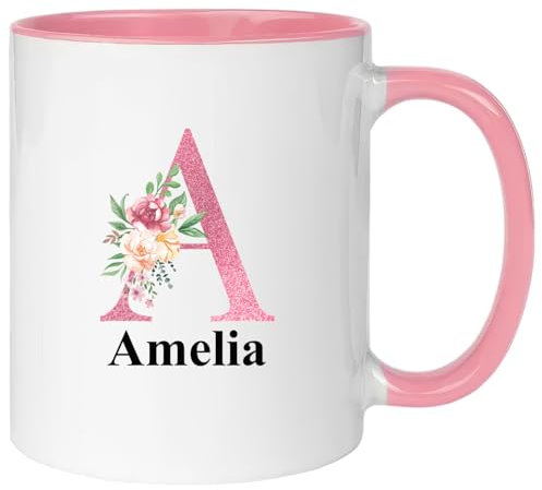 Hoolaroo Personalised Mug Gift for Women, Pink 11oz Letter Name Flower Present for Mum Nanny Nan Girl Coffee Tea - Floral Pink
