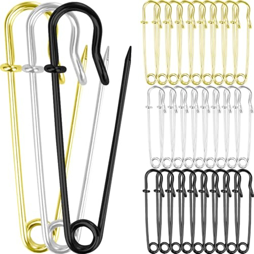 luckaide 30 Stück Sicherheitsnadeln Groß, 63mm Safety Pins, Sicherheitsnadeln Set Große Metall Sicherheitsnadel für Kleidung Kunsthandwerk Nähen DIY(Schwarz Gold Silber)