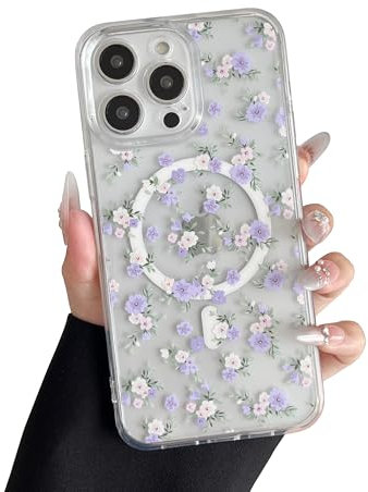 RALEAVO Custodia per iPhone 14 Pro, compatibile con MagSafe, motivo floreale trasparente, carina, per ragazze e donne, sottile, magnetica, con retro rigido, antiurto, per iPhone 14 Pro, fiori viola