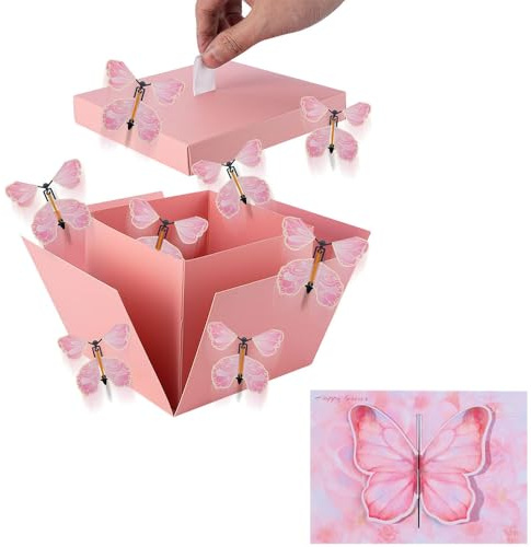Schmetterlings Explosion Geschenkbox, Überraschungsbox Geschenkbox Geburtstag Explosionsbox, Fliegende Schmetterlinge mit Box Gift Box für Valentinstag, Weihnacht Hochzeit Muttertag (Rosa)