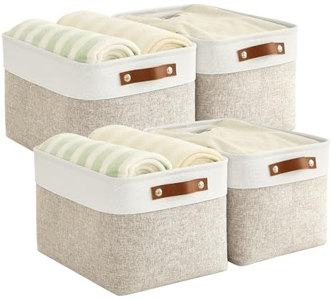 Bagnizer Foldable Storage Baskets for Shelves Closet 4PCS Fabric Large Organizer Box Bins with Handles Waterproof Canvas Box for Clothes, Pet Toys, Office Products, Bedroom 38x28x24CM Beige & White