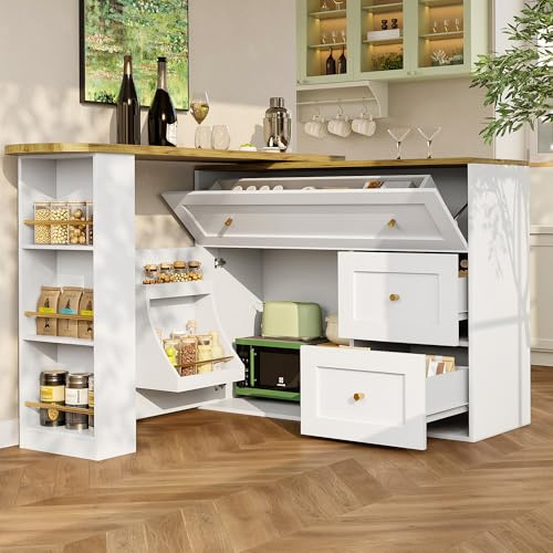 TIZZ Mesa de bar extensible con espacio de almacenamiento, 138-204 x 39 x 105 cm, aparador con estante para aperitivos, mesa telescópica de bistró, mesa alta, isla de cocina, color blanco