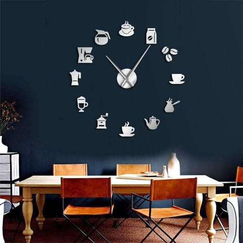 Taza de café, arte de pared, cafetería, reloj de pared gigante, cafetería, casa, calcomanías decorativas, manecillas grandes, sin marco, reloj grande (plata, 27 pulgadas)