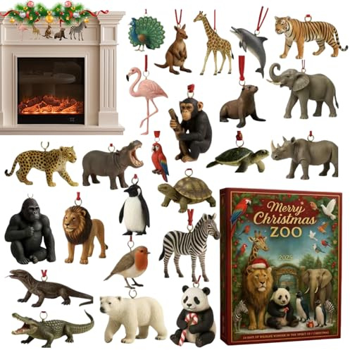 Zoo-Adventskalender 2025, Tier-Adventskalender 2025 mit 24 Sammlerstücken, 2D-flachen Acryl-Tieranhängern, 24 Tage Countdown-Kalender für Kinder, Teenager, tägliche Familienaktivität, Urlaub, Party