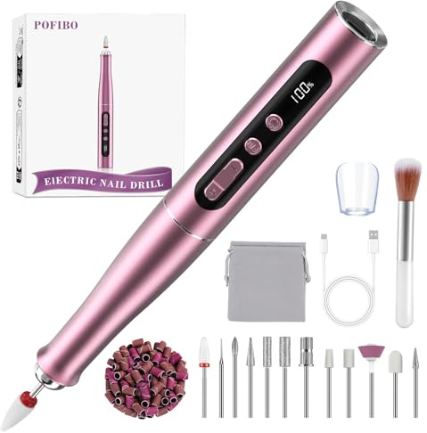 POFIBO Electric Nail Drill Cordless 35000RPM, Electric Nail File for Gel | 13 IN 1 Professional Nail Drill Machine for Acrylic and Gel Nails, Rechargeable Manicure & Pedicure Kit, LCD Display,5 Speeds