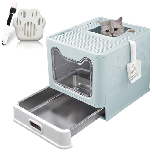 XXL Katzenklo mit Deckel & Edelstahl-Schublade, geschlossenes geruchsfrei Katzenklo, hop-in Katzentoilette, Anti-Streu-Design, Katzenklo-Schaufel, Stainless Steel Litter Box, Blau