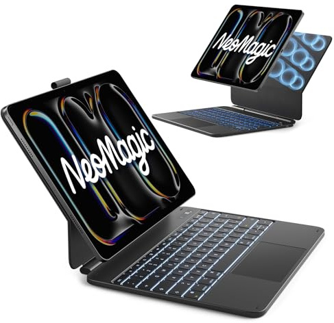 Inateck Hülle mit Tastatur iPad Air 13, flachscharnier, großes Touchpad | für iPad Air 13 M4/M3/M2 & Pro 12,9 (6./5./4./3.), LED-Anzeige, 6 Tastenreihen, 7 FarbigerBeleuchtung, Neomagic,schwarz