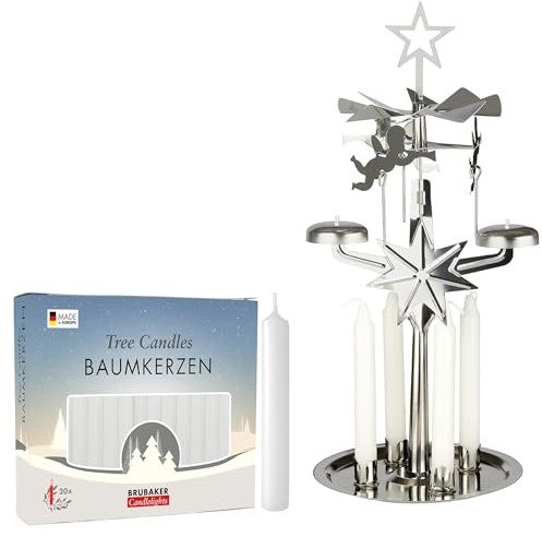 BRUBAKER Lichter Glockenspiel aus Metall inkl. 20er Pack Kerzen Weiß - Karussell Kerzenhalter mit Engeln - Drehende Tischpyramide - Kerzenständer Pyramide Weihnachten - Weihnachtspyramide Silber