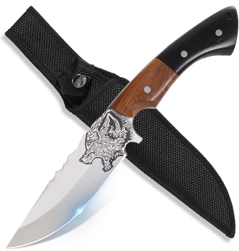 GER-SABER Outdoor Survival Messer 27cm – Gerade Rücken Klinge, Klassischer Handschutz mit Wolfskopf-Motiv, Zweifarbiges Holz Griff, Robuster Naturbegleiter (Heulender Wolf)