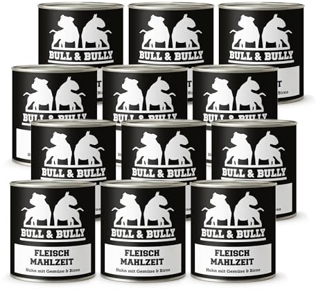 Hundefutter Nass 800g 12x Fleischmahlzeit Huhn mit Gemüse & Birne | Tierärzten entwickeltes Hunde Nassfutter Premium Wet Dog Food mit 90% Fleischanteil für aktive Hunde von BULL & BULLY