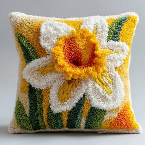 WallustrioaW Knüpfkissen-Set Narzisse Vorgedruckte Für Erwachsene Und Anfänger Netz-Knüpfhaken Teppich-Kits Bastelkissen-Set Für Zuhause,Sofa,Dekoration,43 X 43Cm