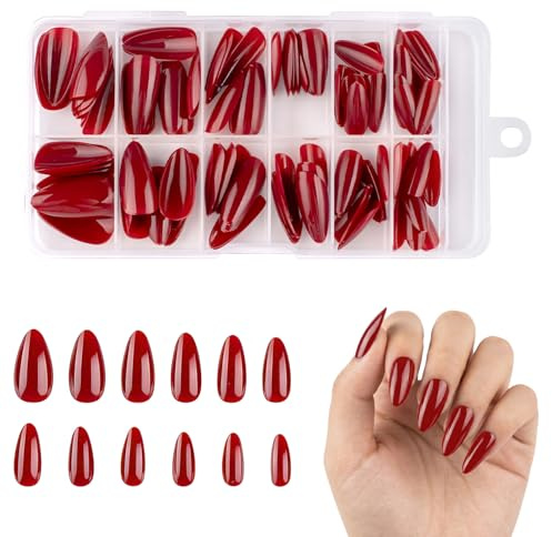 XETHI 120 pcs ongles rouges mi-longs forme amande | faux ongles brillants pour fête, mariage, Halloween, quotidien (Rouge Bordeaux)