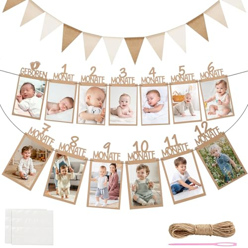 Fotogirlande 1. Geburtstag, 12 Monate Baby Foto Girlande, Monatskarten | Fotobanner mit Monatskarten für die ersten 12 Monate, Ideal als Deko zum 1. Geburtstag