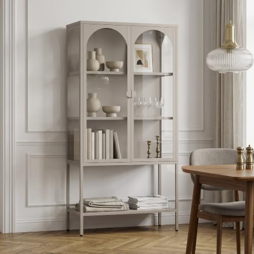 [en.casa] Armoire Vitrine Klippestad avec 2 Portes à Fermeture Magnétique 3 Compartiments Vaisselier Meuble de Rangement pour Salon Acier Verre Trempé 160 x 80 x 35 cm Camel