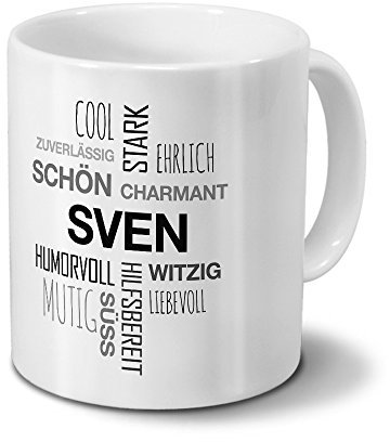 printplanet Tasse mit Namen Sven Positive Eigenschaften Tagcloud - Schwarz - Namenstasse, Kaffeebecher, Mug, Becher, Kaffeetasse
