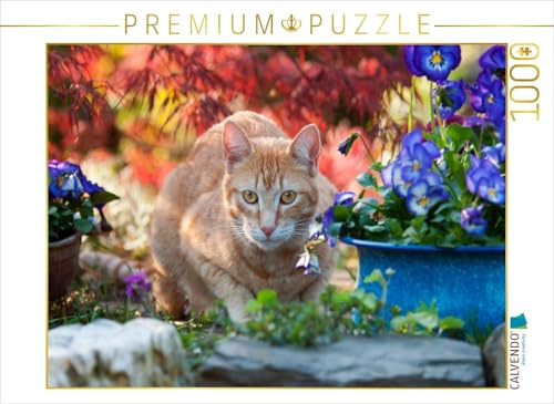 CALVENDO Puzzle Rot-getigerte Katze in Einer bunten Gartenidylle | 1000 Teile Lege-Größe 64 x 48 cm Foto-Puzzle für glückliche Stunden