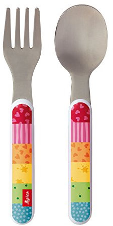 sigikid, 24870 Enfant Mixte Couverts de Table Fourchette + Cuillère, Inox et Plastique ABS, Rainbow Rabbit Multicolore, 14 cm