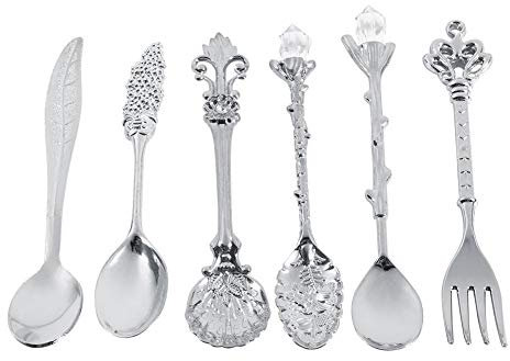 6pcs Retro Vintage Style Zinc Alloy Carved Coffee Ice Cream Fruit Dessert Spoons And Fork, Golden/Sliver/Red Brass/Antique Brass (Color : Silver)