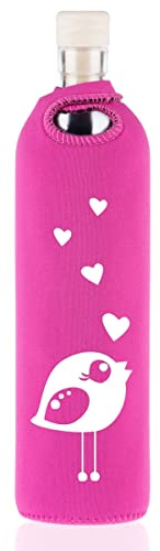 FLASKA | Botella de agua cristal programado | 500 ml | Pajarita Enamorada | Estructura el agua | Funda de neopreno | Bebidas Frías y Calientes | sin BPA | Ecológica | Deporte, Oficina, Yoga