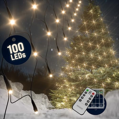 Monzana® Lichterkette 100 LED Netzlichterkette Außen Innen Batterie 8 Modi Lichtervorhang Deko Weihnachten Beleuchtung Warmweiß