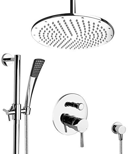 PaulGurkes Dusch Set Komplett Regendusche Unterputz 30 cm rund mit Duschstange 70 cm Messing verchromt Wandmontage