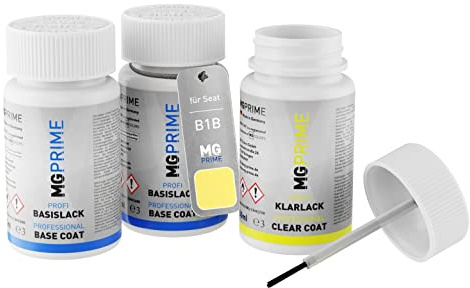 MG PRIME Autolack Lackstifte für Seat B1B / T1 Sunflower Gelb + Klarlack | Set aus Grundlack + Basislack + Klarlack, Lackfläschchen mit Pinsel, je 50ml
