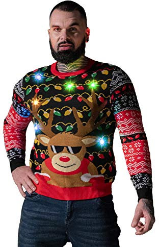 U LOOK UGLY TODAY Herren Weihnachtspullover Lustig Sweater Pulli Hässlich Xmas Strickpullover Weihnachtspulli mit weihnachtlichen Motiven für WeihnachtspartyRudy Lit UpL