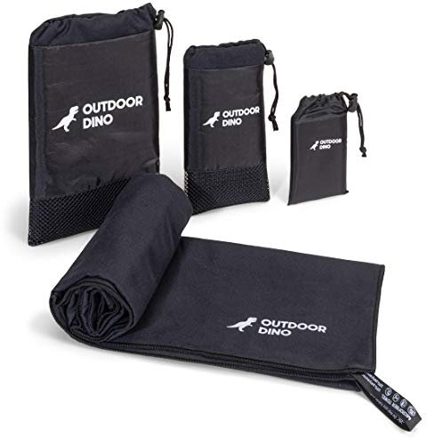 OUTDOORDINO Mikrofaser Handtuch Schwarz • Leichtes Reisehandtuch inkl. praktischer Transporttasche • Outdoor Wander Handtuch auch ideal als Sporthandtuch (Small (30cm x 40cm))