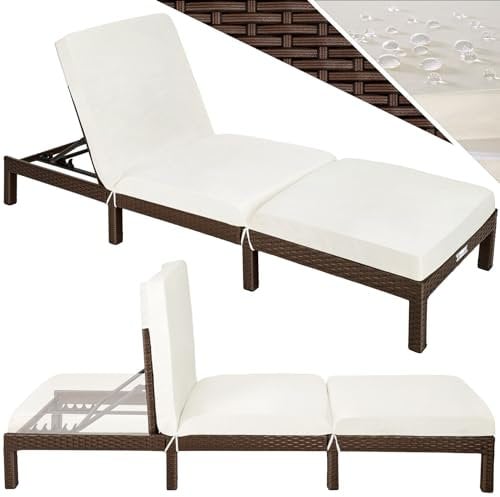 TecTake® Tumbona Jardín Exterior de Ratán y Acero con Cojines, Tumbona de Piscina con Respaldo Regulable en 6 Posiciones, Tumbona de Playa Estable y Resistente a Intemperie, Fácil Limpieza - marrón
