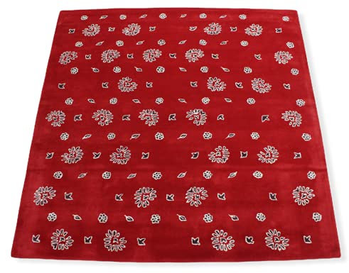 WAWA TEPPICH Handgefertigter Moderner Wollteppich in Rot 100% Wolle, 200 x 200 cm Handgetuftet