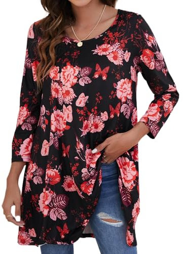 Enmain Magliette Tunica Donna Maniche Lunghe 3/4 Bluse Elegante Stampata Casual Maglietta Lunga Collo Rotondo T-Shirt,Nero e Rosa