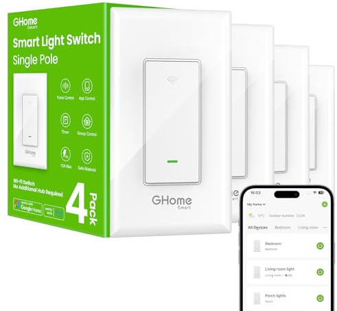 GHome Smart Switches for Lights, WiFi Smart Light Switch Works with Alexa and Google Home, Single-Pole, Neutral Wire Required, 2.4Ghz WiFi Light Switch with APP Control, No Hub Required, UL FCC Listed