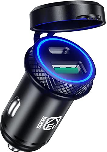 KEWIG Car Charger, QC3.0 + PD Type C Dual Port Mini Flush Metal USB Car Charger Adapter, 60W/5A Quick Charge Car Phone Charger Fit for iPhone 12/11 Pro/Max/8, Galaxy S21/20/10/9