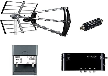 HDME Kit preamplificatore 4/1 TV amplificatore + alimentazione 4 uscite TV per antenna terrestre TNT nero + antenna esterna asta 26dB UHF 415044 - spina F + filtro 4G integrato