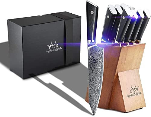 Best.Buy.Damascus1 Set di coltelli da cuoco, 9 pezzi, in acciaio damasco giapponese, con ceppo, manico G10, coltelli da chef di qualità