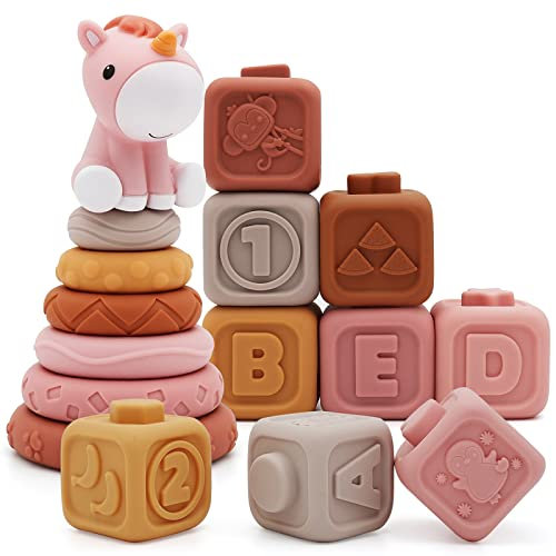 Gilowin 13-teilige Baukreise und Blöcke, Stapeln & Verschachteln Babyspielzeug mit Pferdefigur, frühe pädagogische Geschenke zum Zahnen für 6 12 18 Monate Baby Kleinkind Jungen Mädchen…