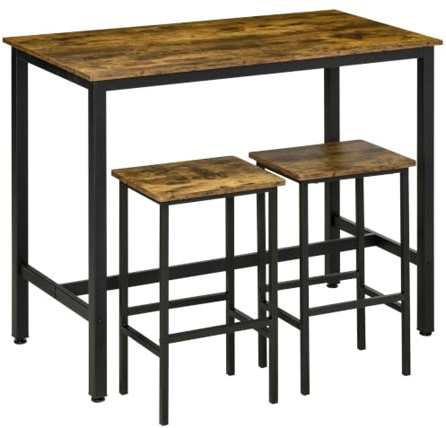 HOMCOM 120x60cm Bar Set Breakfast Table 2 Stools 3-Piece Rustic Brown | Counter Height Dining Table & Chairs, for Kitchen, Living Room