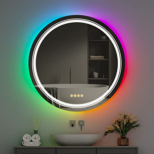 LUVODI Runder LED Badspiegel RGB: Farbwechsel Spiegel Rund 60cm mit Hintergrundbeleuchtung und Frontbeleuchtung, 4 Touchschalter, Nebelfrei, Dimmbar, Speicherfunktion Wandspiegel für Bad Party Bar