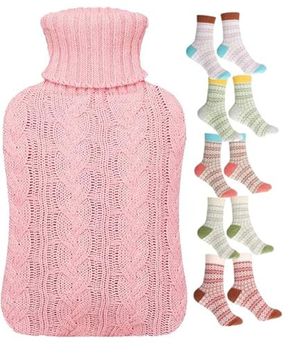 2L Hot Water Bottle with Cover UK & 5 Pairs of Warm Comfy Wool Socks - Natural Rubber 2 Litre Hot Water Bottle Inc x5 Pairs Ladies Winter Socks Size UK 4-7 (Cream Bottle with Pink Cover) (0063)