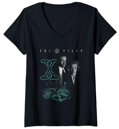 Damen X-Files Mulder & Scully Leuchtendes Logo T-Shirt mit V-Ausschnitt