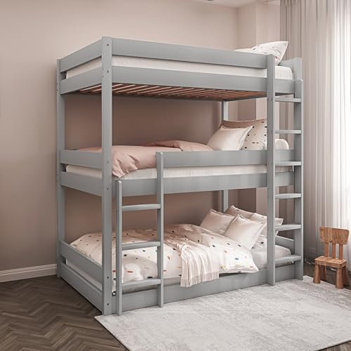 Blisswood Triple Bunk Bed With 3x Mattress Included, 3ft Wooden Bunk Beds With Ladder Triple Sleeper Bunk Bed, Solid Pine Wood Frame Single Triple Bed frame For Kids Children Home (Grey)