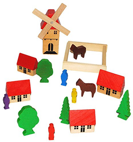 alles-meine.de GmbH 19 TLG. Set: buntes Dorf mit Windmühle, Häuser & Bäume, Figuren und Bausteine - aus Holz - Baukasten - Original Erzgebirge - ideal für Holzeisenbahn Gebäude Z..