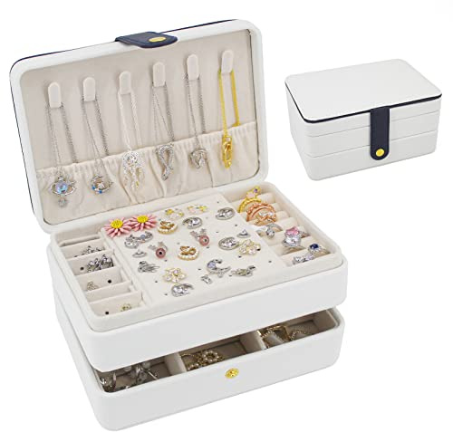 Douzi Jewellery Box, Small Travel Jewellery Organizer Portable Jewellery Case for Women Girls Gift, Double Layers PU Leather Jewellery Holder for Rings, Earrings, Necklaces-White