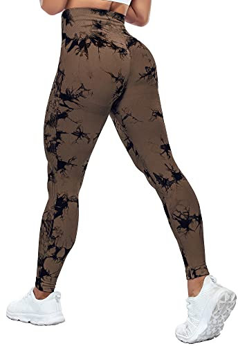 Yaavii Gym Leggings Damen High Waist Push Up Booty Hose für Yoga Fitness Gym Workout Tie Dye Kaffee S