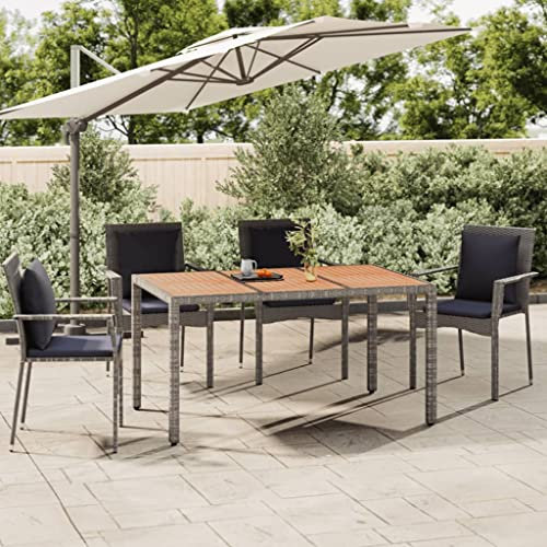 FIRBNUS 150x90x75 cm Esstisch Grau mit Holzplatte Terrassentisch Dining Table Gartentisch Holztisch Wasserbeständiges Sideboard Gartenmöbel Kaffeetisch Poly Rattan und Massivholz Akazie