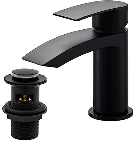 BATHWEST Black Waterfall Basin Mixer Taps with Drain, Pop Up Waste, Chromed Brass Monobloc Basin Taps with Sink Plug 882AMB