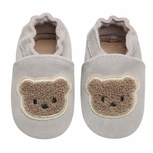 IceUnicorn Baby Lauflernschuhe Krabbelschuhe Baby Mädchen Jungen Lederpuschen Weicher Leder Wildledersohlen Lederschuhe Babys(Grauer Bär, 0-6 Monate)